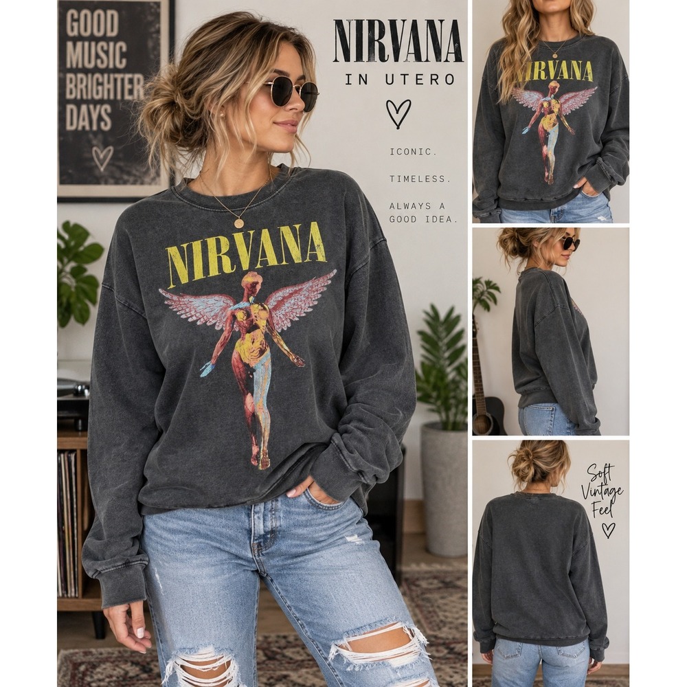 Nirvana Sweatshirt In Utero Angel Graphic Charcoal Gray Acid Wash Grunge Size M